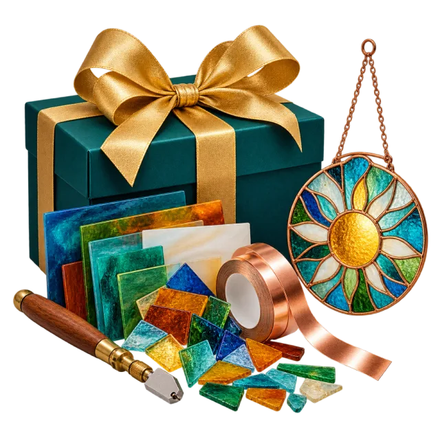 Teal craft gift with colored glass pieces, tools, copper-colored tape and a round sun ornament
