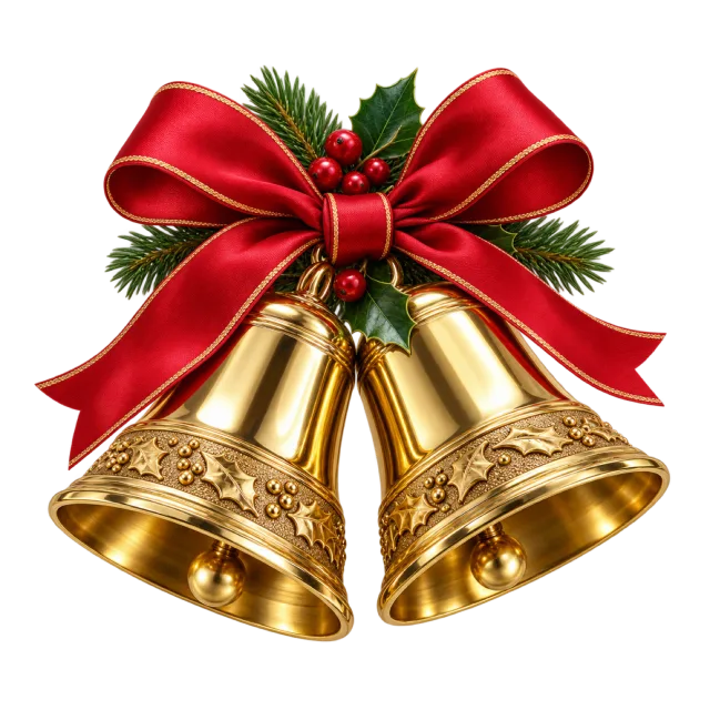 Two golden bells topped with a red ribbon, holly berries and evergreen sprigs