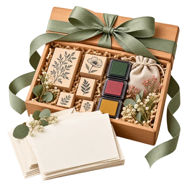 Wooden gift box with botanical rubber stamps, ink pads and blank cards