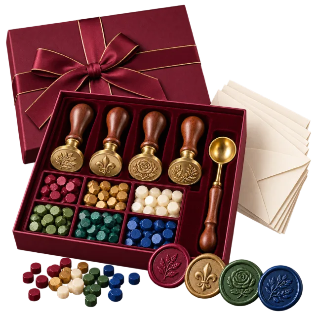 Burgundy gift box containing wax seal stamps, colored wax beads, a spoon and envelopes