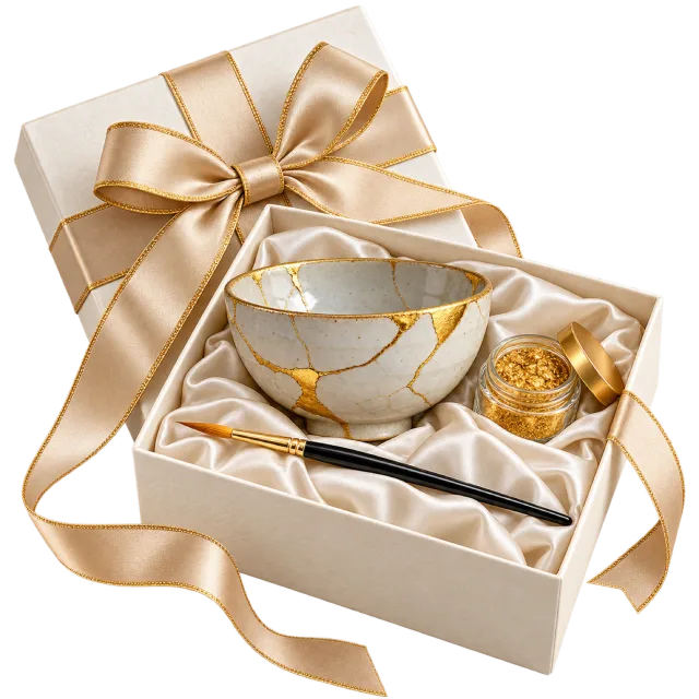 Cream gift box with a gold-veined bowl, small containers and repair tools