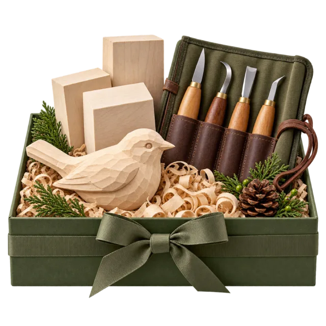 Green woodcarving gift box with carving tools, wood blanks and a small carved bird