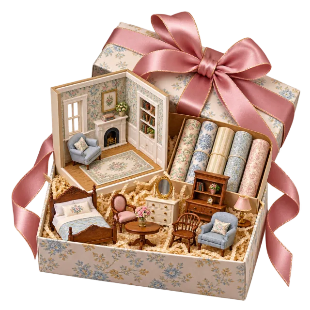 Open floral gift box holding a furnished miniature room and craft materials