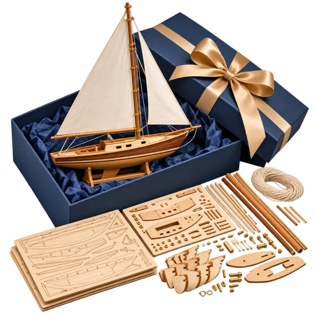 Navy gift box with a model sailboat, wooden-style parts and coiled cord