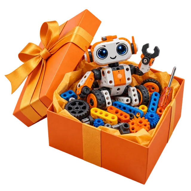 Orange gift box containing a small robot and colorful construction pieces