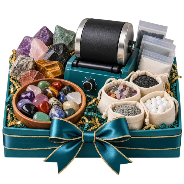 Teal gift box with a small tumbler, rough stones, polished gems and small bags
