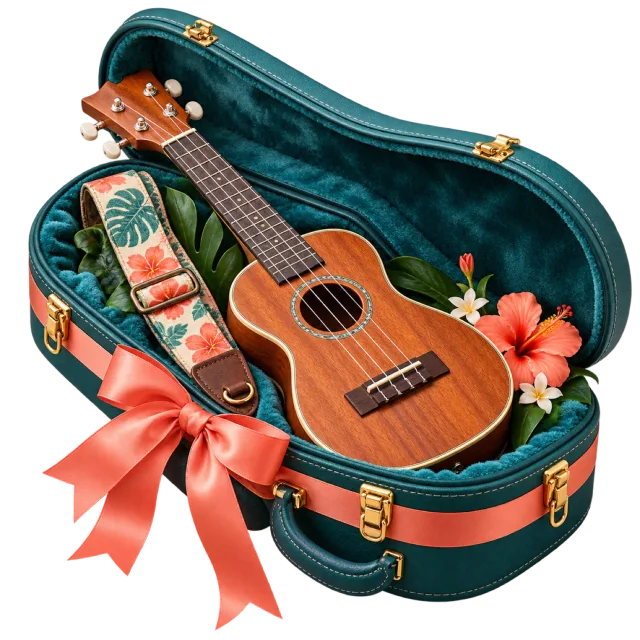 Ukulele resting in a teal case with floral accessories and a coral ribbon