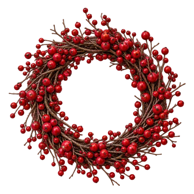 A circular twig wreath covered with clusters of red berries