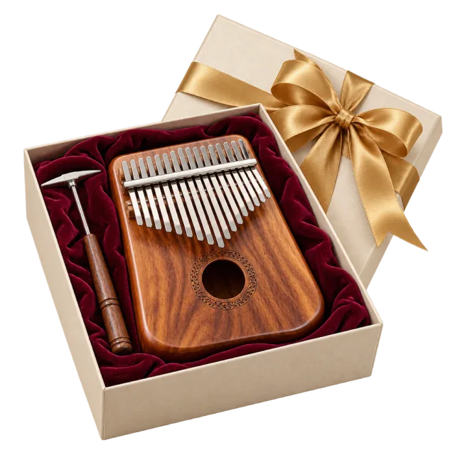 Wooden kalimba in a cream gift box with burgundy lining and a gold-colored bow