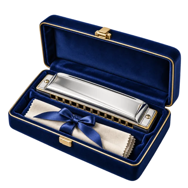 Silver-colored harmonica in a navy case with a ribboned cloth