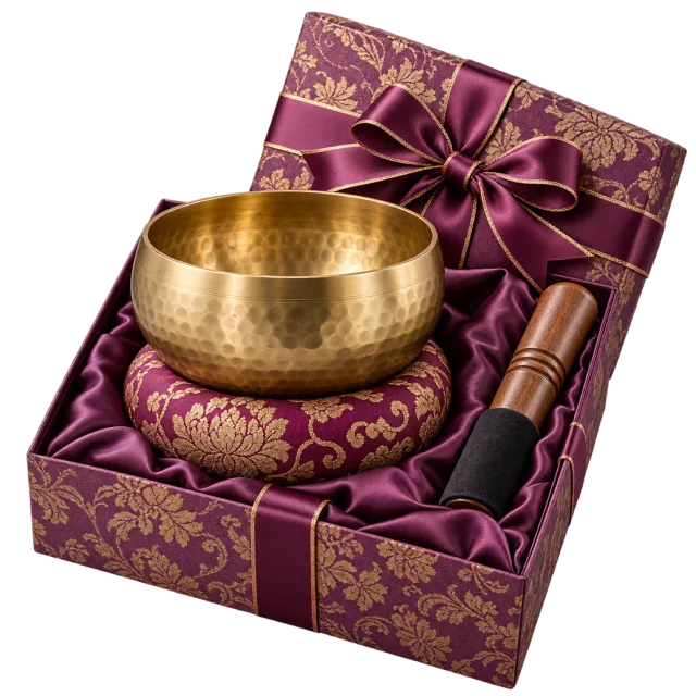 Gold-colored singing bowl on a patterned cushion in a burgundy gift box with a striker