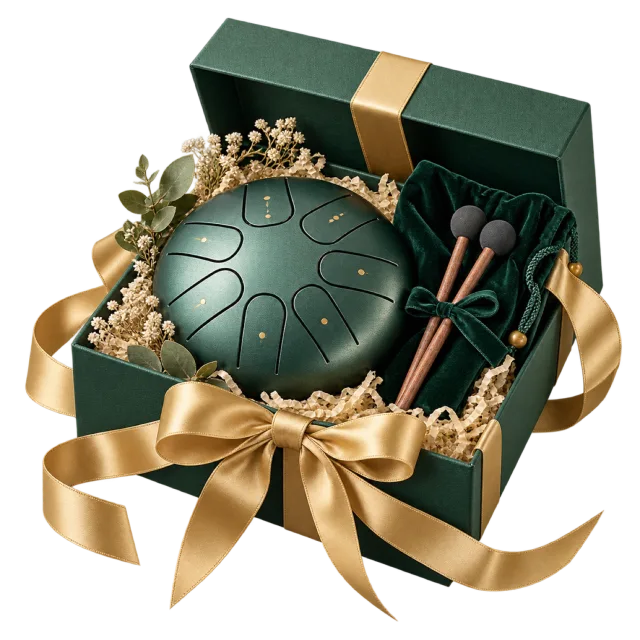Green tongue drum with two mallets in a dark green gift box tied with gold-colored ribbon