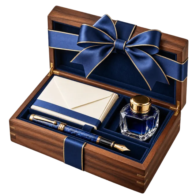Wooden writing gift box holding fountain pens, a blue ink bottle and blank stationery