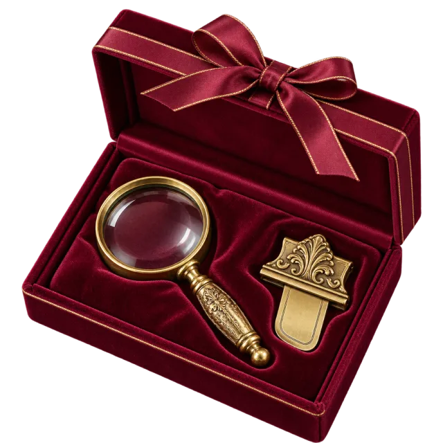 Burgundy gift case containing an ornate magnifying glass and a decorative bookmark
