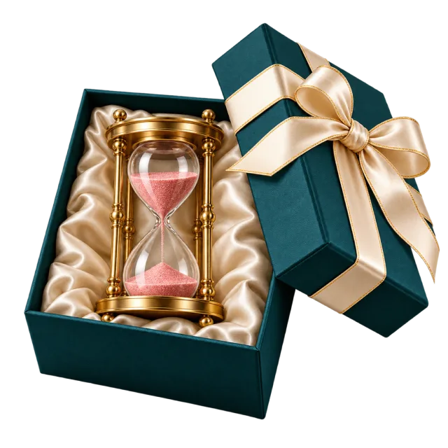 Gold-colored hourglass with pink sand nestled in a teal box with cream lining