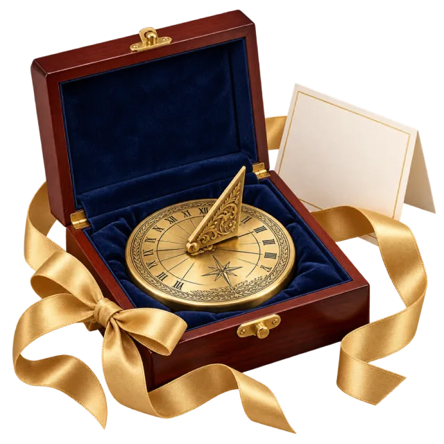 Open wooden-style sundial case inside gold-colored ribbon with a blank card