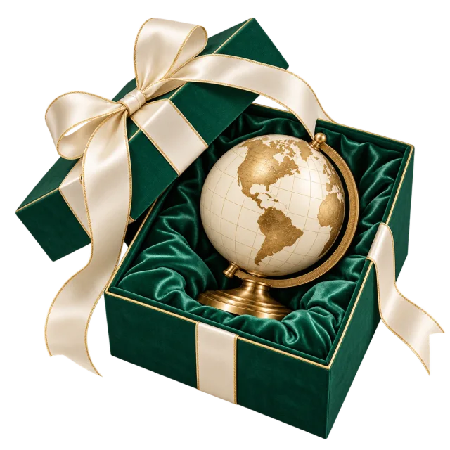 Cream and gold desktop globe in a green satin-style lined gift box