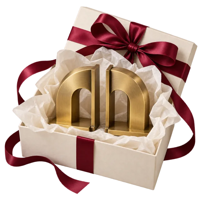 Pair of gold-colored arched bookends in a cream gift box with burgundy ribbon