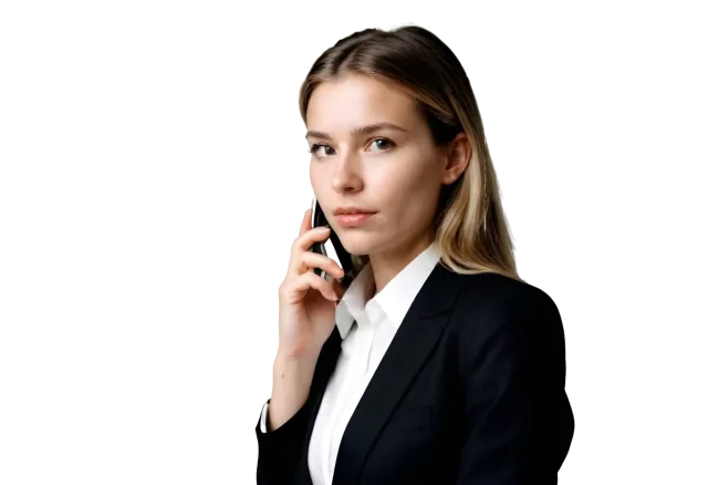 Three-quarter portrait of a woman in a black suit holding a phone to her ear on a transparent background