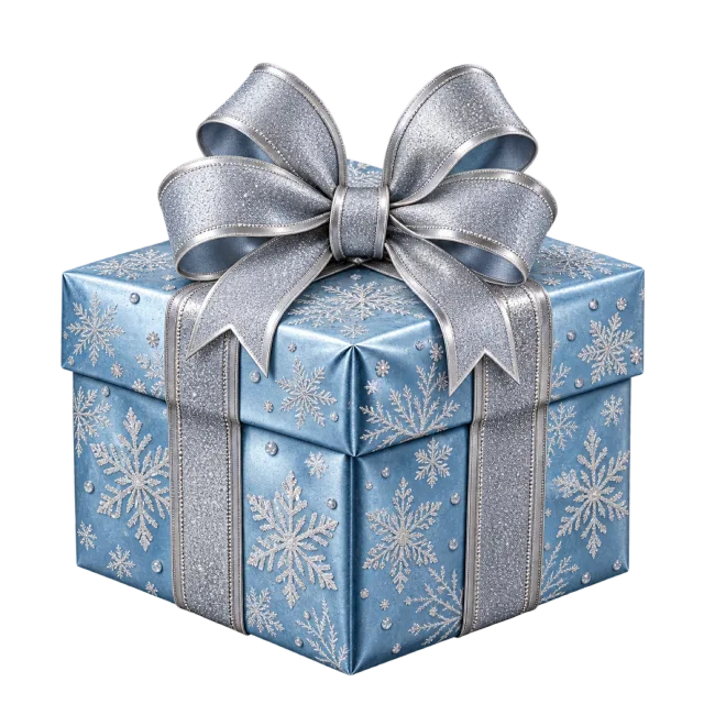 A blue gift box with white snowflake patterns and a large silver ribbon bow