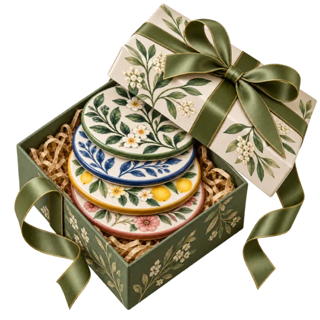 Stack of patterned round coasters in a botanical gift box with a green bow