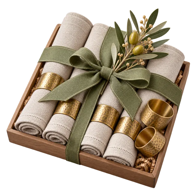 Tray with rolled neutral napkins, gold-colored napkin rings and olive sprigs