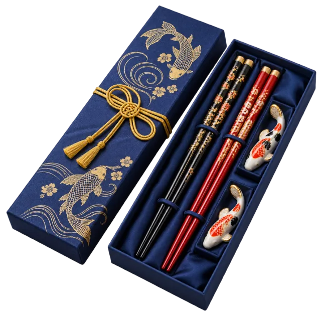 Navy gift box with decorative chopsticks and small rests beneath a gold-colored cord