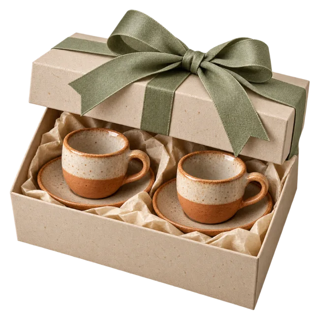 Two cream and brown espresso cups nestled in a kraft-colored box with sage ribbon