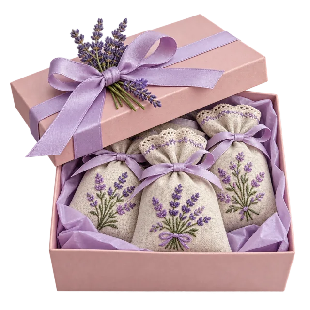 Pink gift box holding lavender-patterned drawstring sachets beneath a purple bow