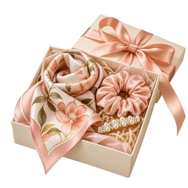 Cream gift box with a floral scarf, peach scrunchie and pearl-like hair accessories