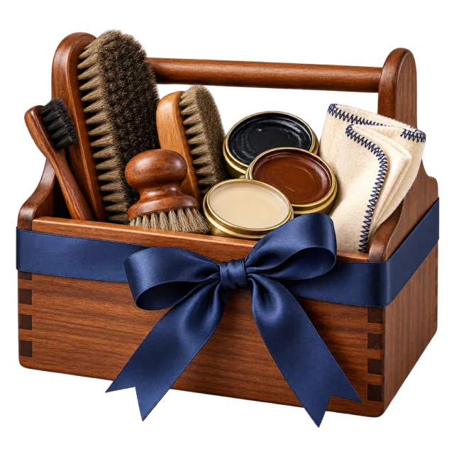 Wooden shoe-care caddy with brushes, polish tins and a cloth tied with navy ribbon