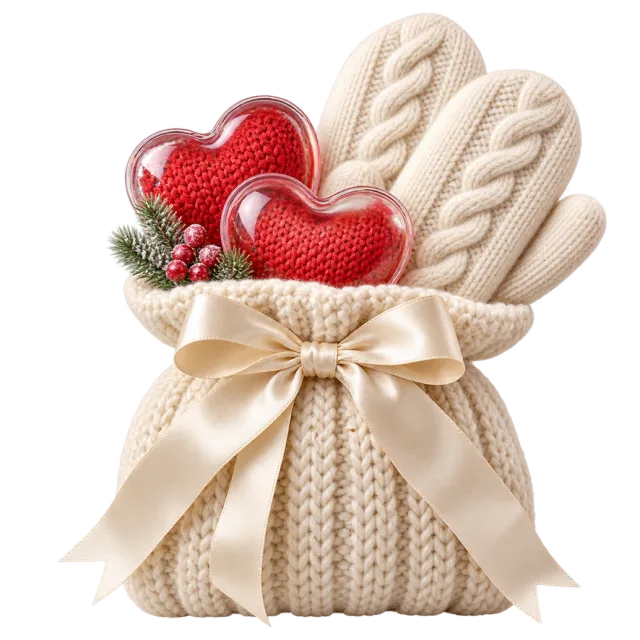 Cream knitted pouch holding mittens and red heart-shaped warmers beneath a cream bow