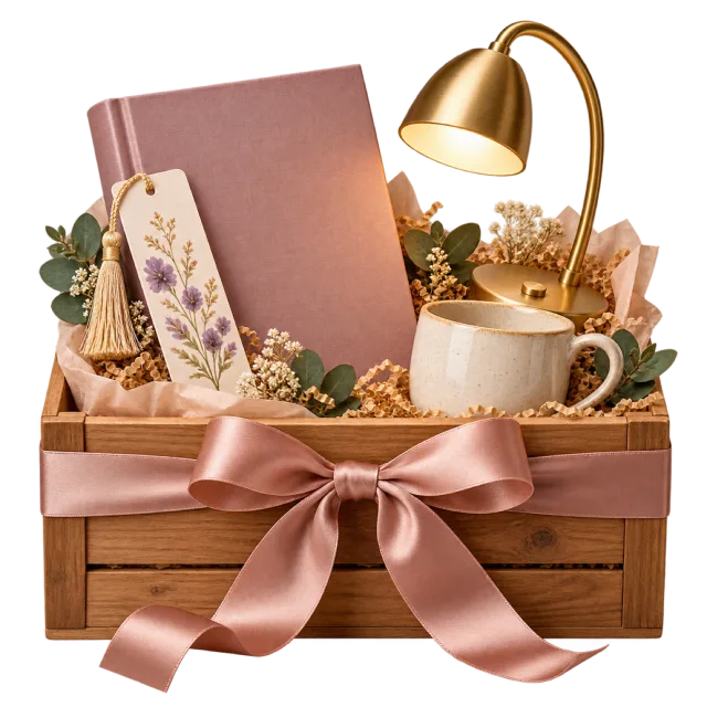 Wooden reading gift crate with a book, bookmark, mug and small gold-colored lamp
