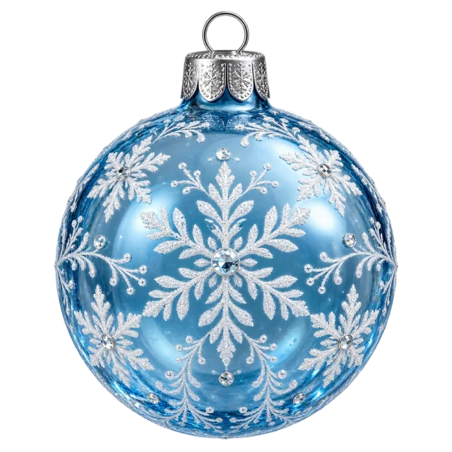 A glossy blue round ornament decorated with white snowflakes