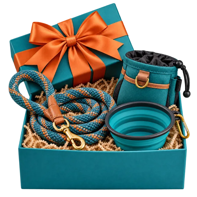 Teal dog-walking gift box with a rope lead, pouch and collapsible bowl