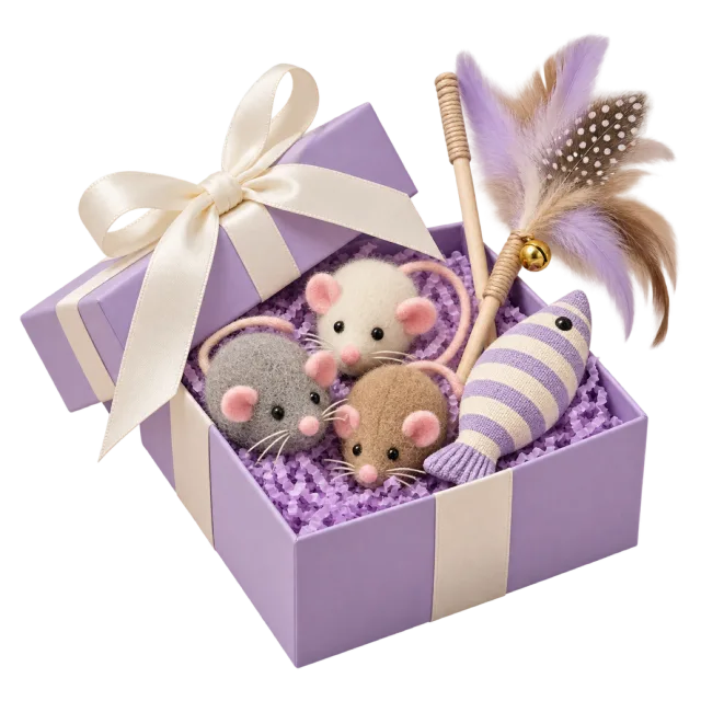 Lavender gift box containing toy mice, a striped ball and feather wand cat toys