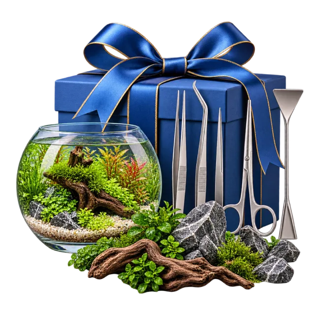 Aquarium gift arrangement with a planted glass bowl, tools, rocks and driftwood