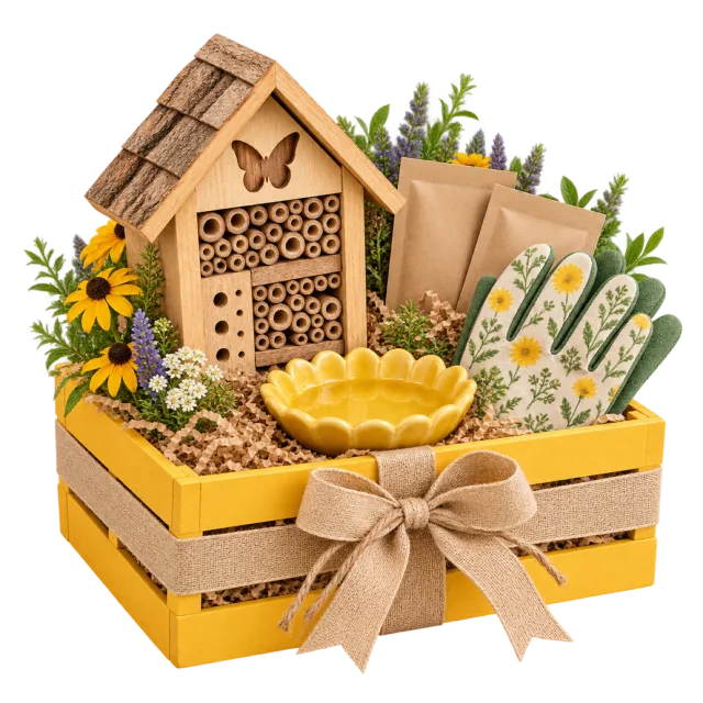 Yellow garden gift crate with a wooden insect shelter, gloves, packets and a flower-shaped dish
