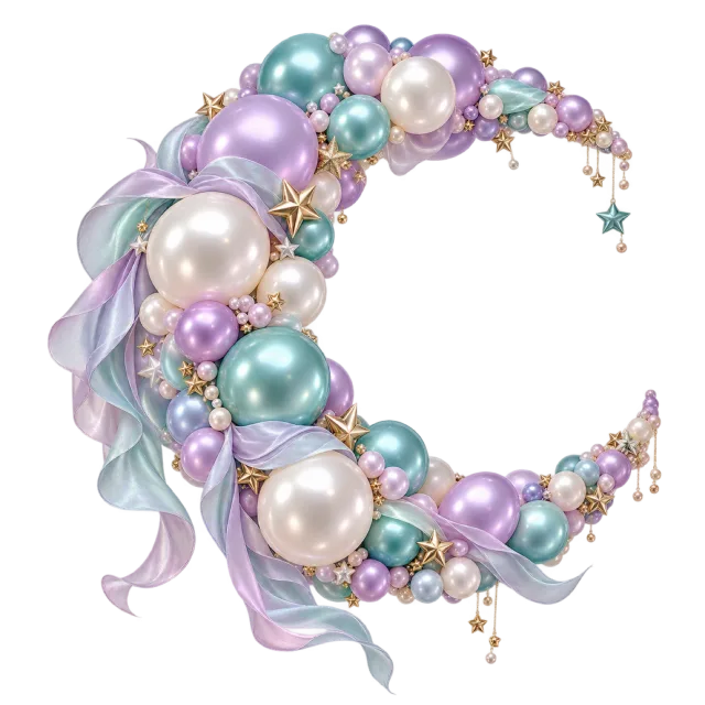 Crescent-shaped arrangement of pastel balloons, small stars and flowing ribbons