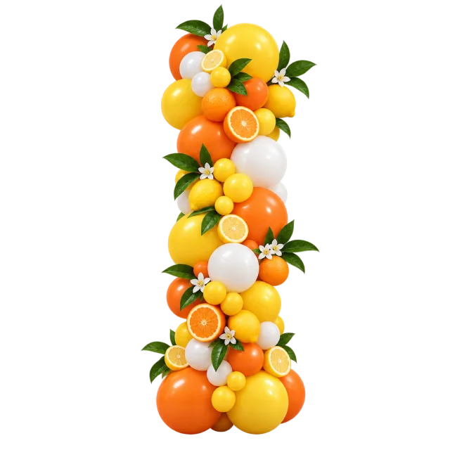 Tall yellow and orange balloon column decorated with citrus slices, leaves and white flowers