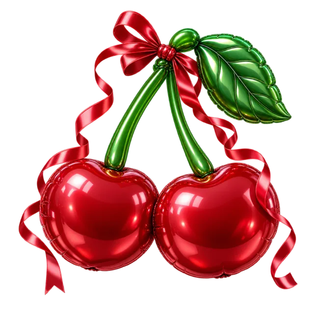 Two glossy red cherry-shaped balloons with green stems and a red ribbon