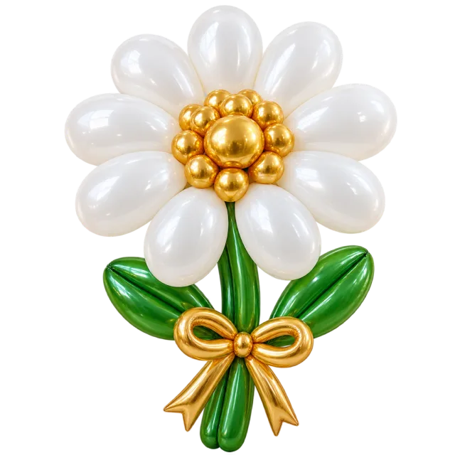 White daisy balloon sculpture with a gold-colored center, green leaves and a ribbon bow