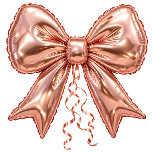 Rose gold-colored bow-shaped foil balloon with curled ribbon tails