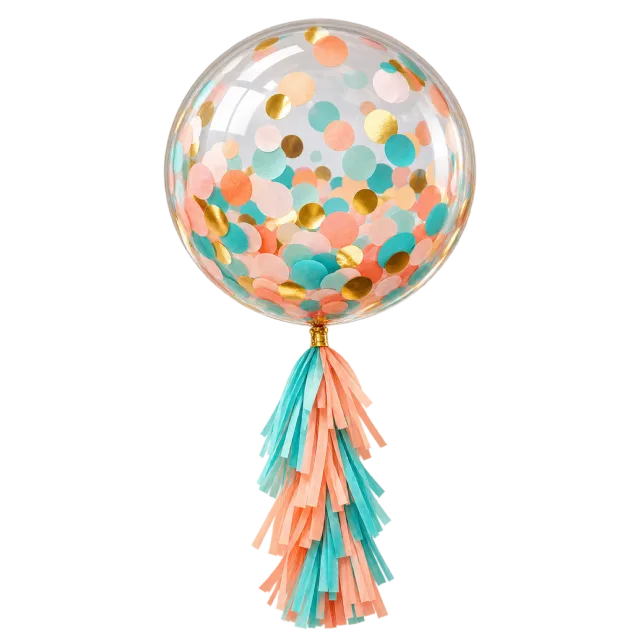 Clear round balloon filled with colorful confetti above coral and turquoise tassels