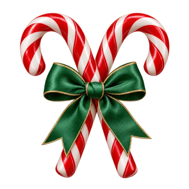 Two red and white striped candy canes tied with a dark green bow