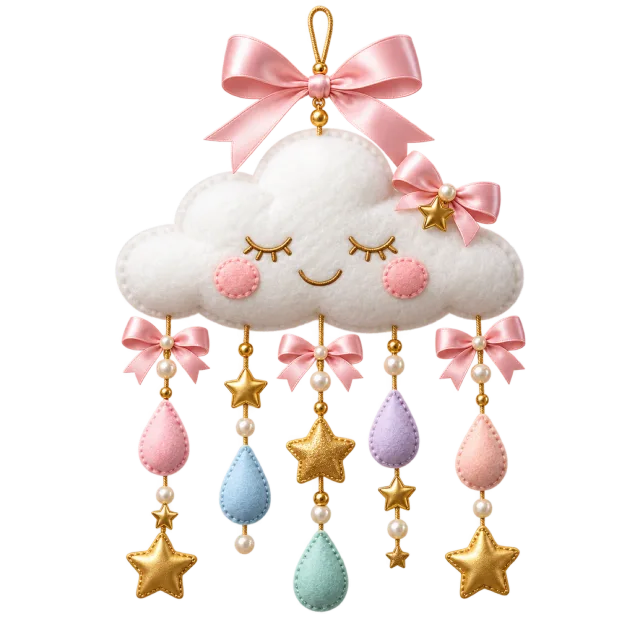 Smiling white cloud mobile with pastel raindrops, hanging stars and pink bows