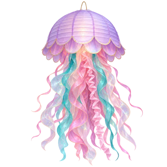 Purple jellyfish-shaped lantern with long pink and turquoise ribbon tentacles
