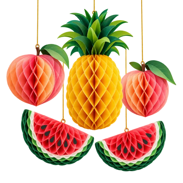 Hanging honeycomb-style fruit decorations shaped like a pineapple, strawberries and watermelon slices