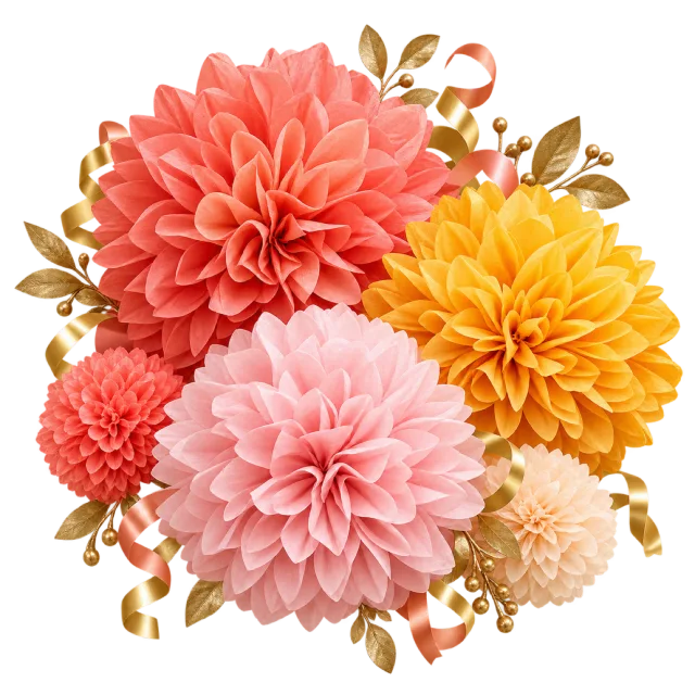 Cluster of coral, pink and yellow paper-style flowers with gold-colored leaves
