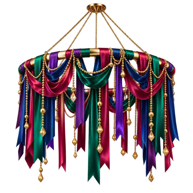 Circular hanging decoration with jewel-toned ribbons, draped fabric and gold-colored beads
